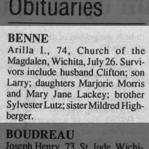 Obituary for Arilla I. BENNE