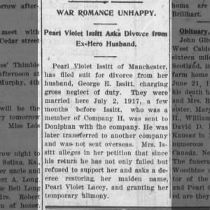 Pearl asks for divorce from George Issitt 1919