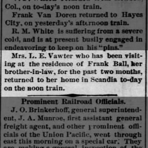 1885.11.06 - Mrs. L. E. Vawter returns home to Scandia.