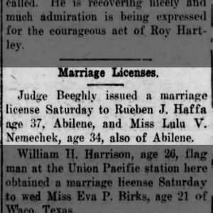 Reuben Haffa m Lulu Nemechek license 17 Jun 1922
