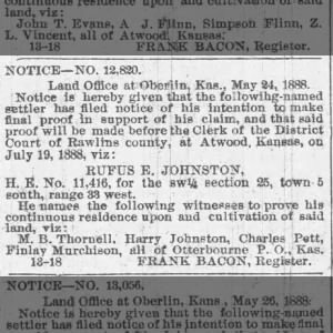 Rufus Edward Johnston Homestead Claim in Rawlins County, KS  7 Jun 1888