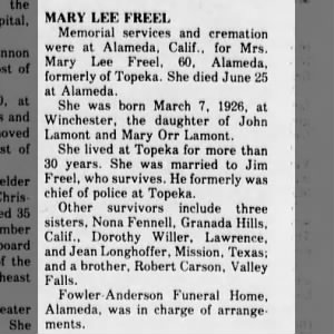 Obituary for MARY LEE FREEL